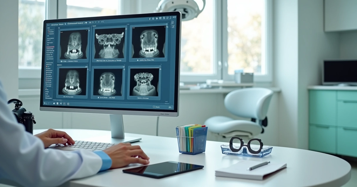 Dentista organiza fotos e exames digitais na tela do computador no consultório 