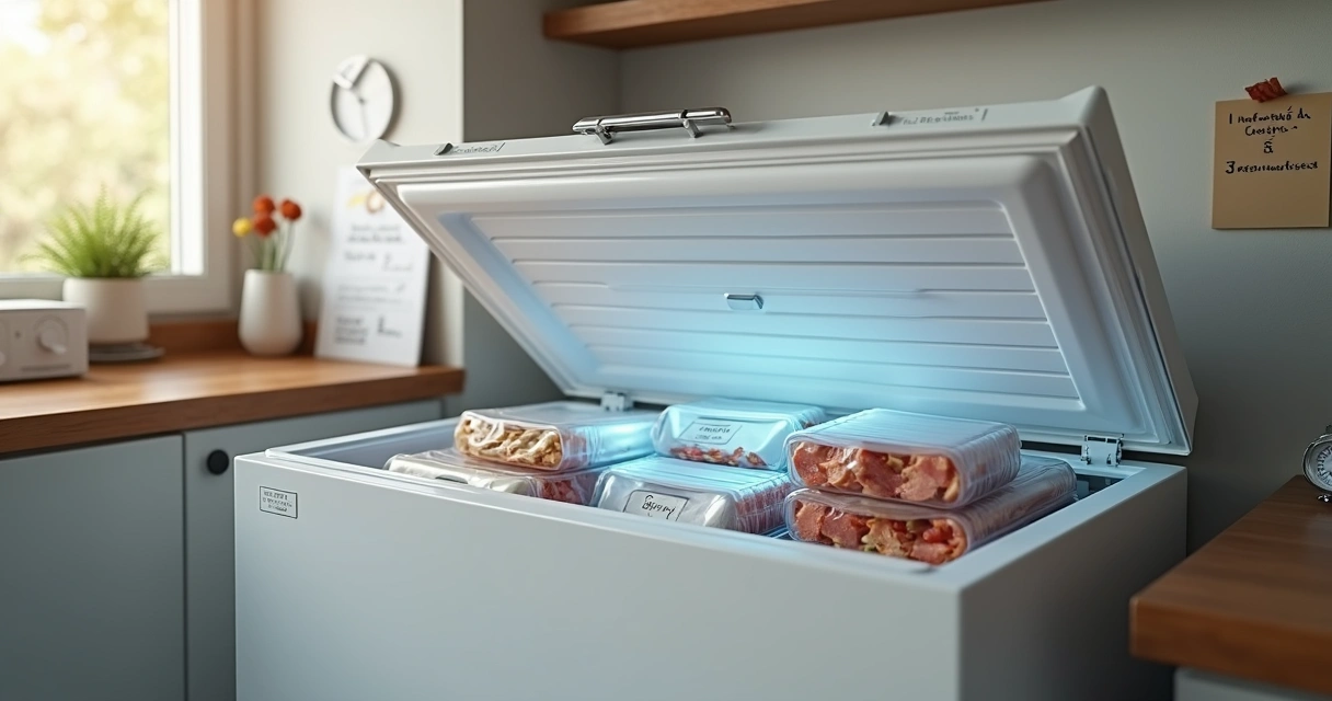 Freezer horizontal domestico organizado com alimentos bem embalados e pouco gelo nas bordas 