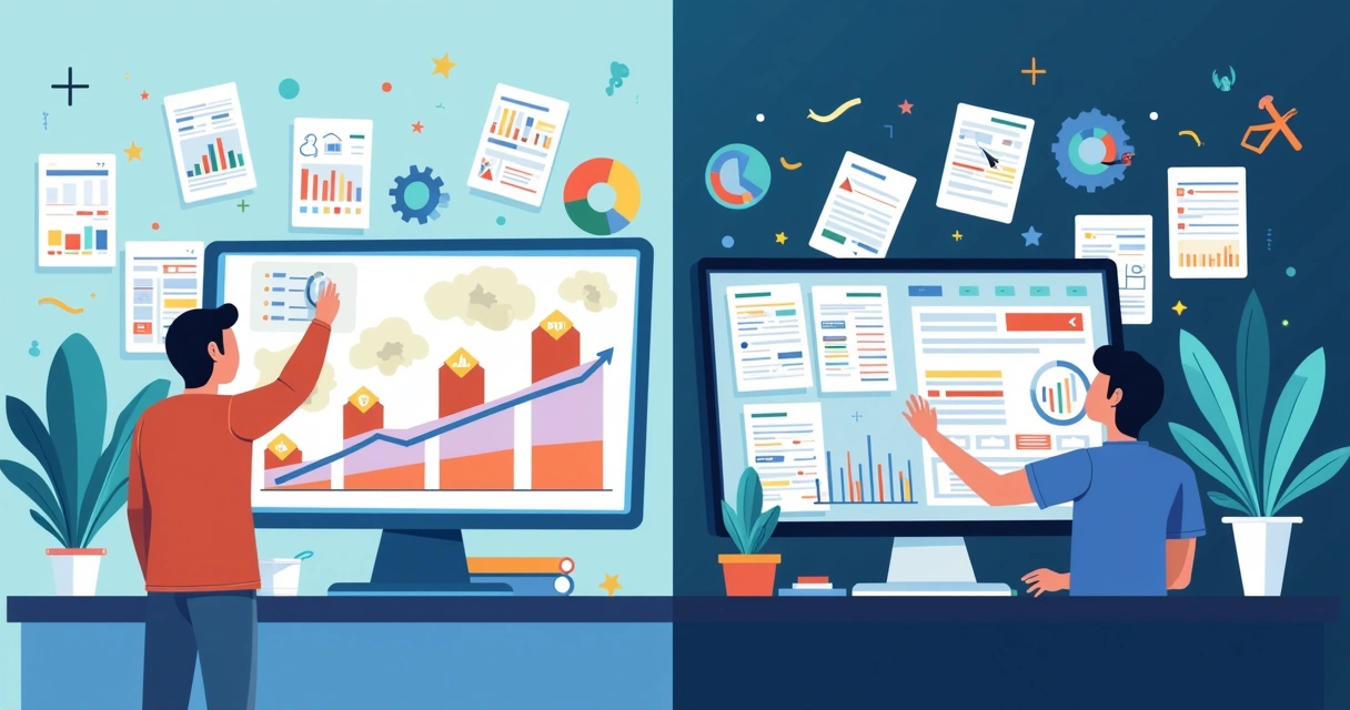Dashboard digital de funil de vendas bem organizado, com cartões coloridos em diferentes estágios, enquanto uma tela ao lado mostra planilhas bagunçadas e alguém parece estressado organizando papéis. 