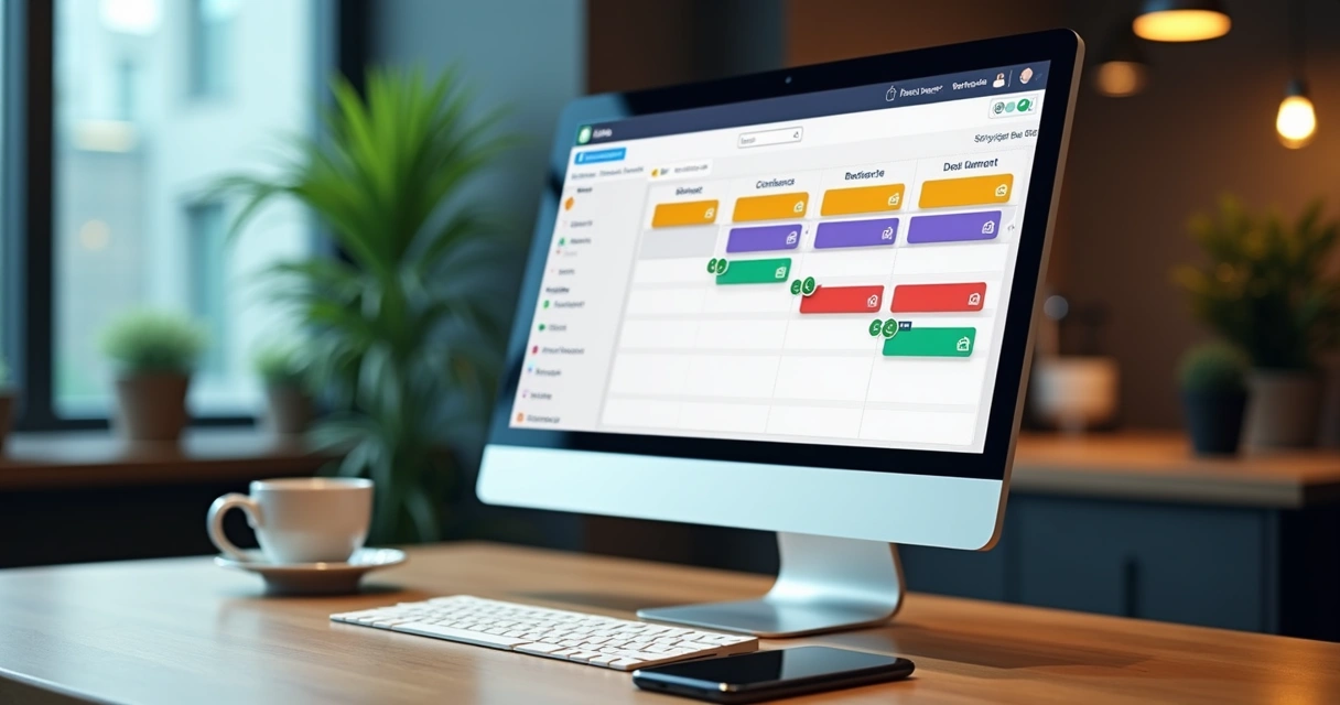 Painel Kanban colorido simulando etapas de vendas no WhatsApp, com cartões organizados em listas horizontais 