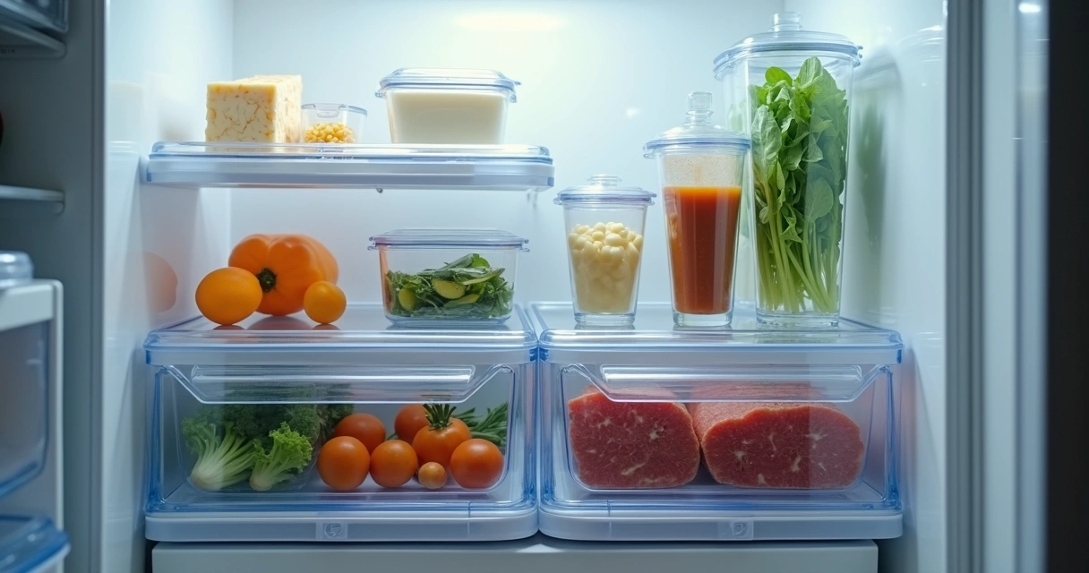Prateleiras de geladeira organizadas com potes transparentes e alimentos separados 