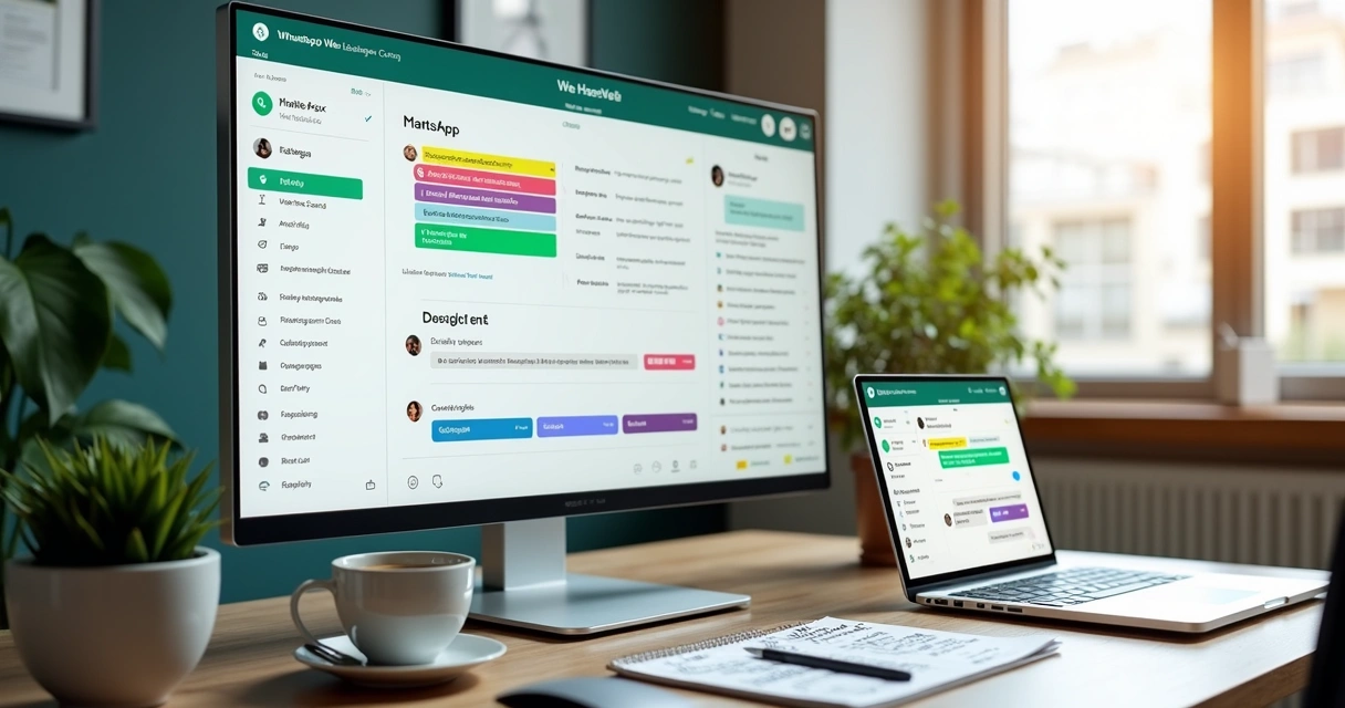 Tela de computador mostrando painel de gerenciamento de leads no WhatsApp com etiquetas coloridas e pipeline de vendas 