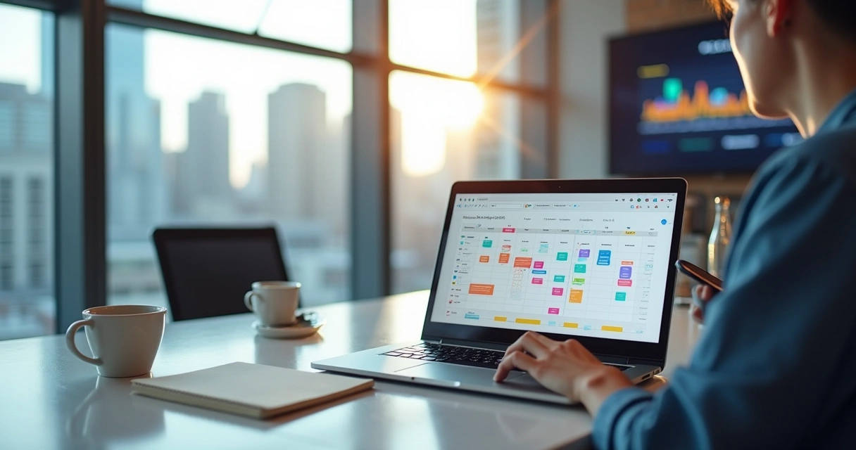 Pessoa usando aplicativo de gestão de agenda em laptop e smartphone, com gráficos de produtividade em tela grande no escritório moderno