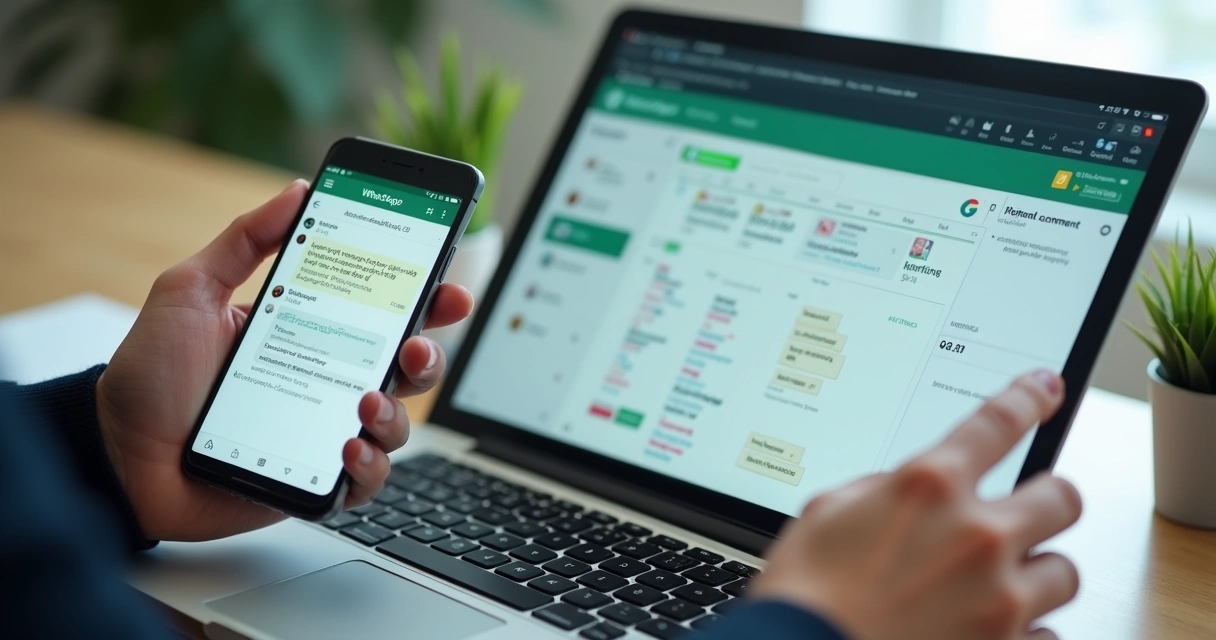 Tela de celular com mensagens de WhatsApp abertas ao lado de tela de CRM indicando histórico de clientes