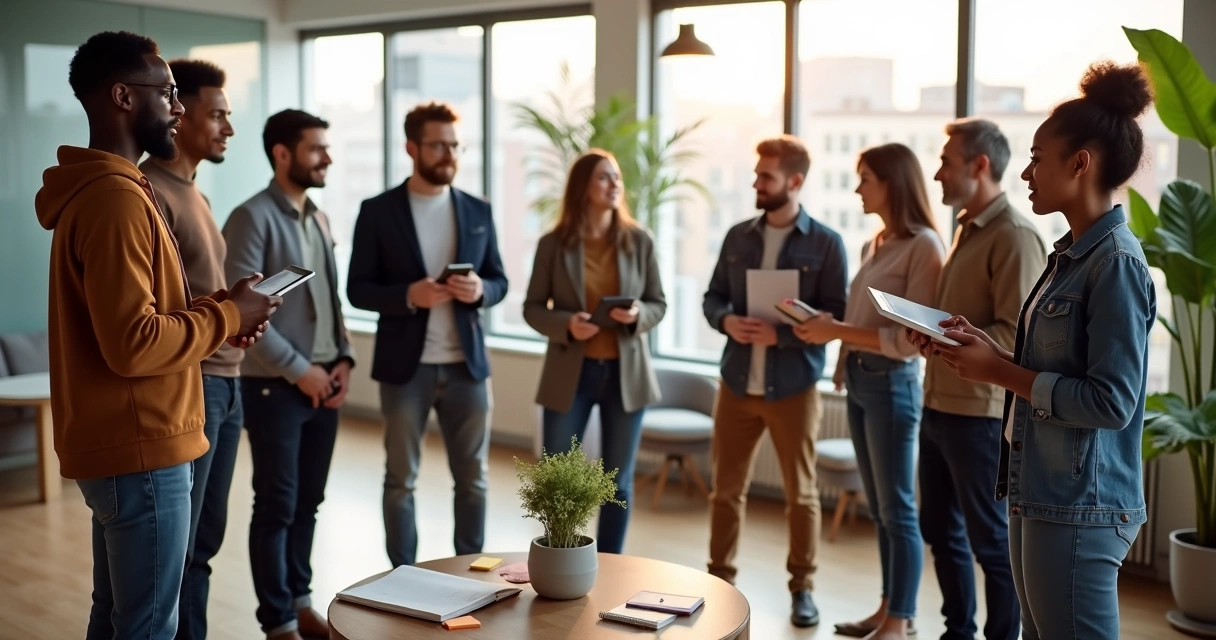 Equipe diversa reunida em círculo em escritório moderno humanizado 
