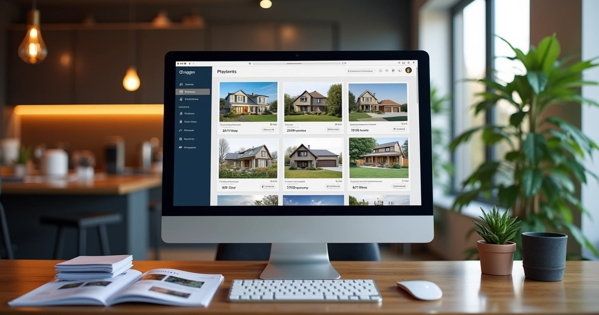 Tela de computador mostrando sistema imobiliário com galeria de fotos organizadas e descrições de imóveis 