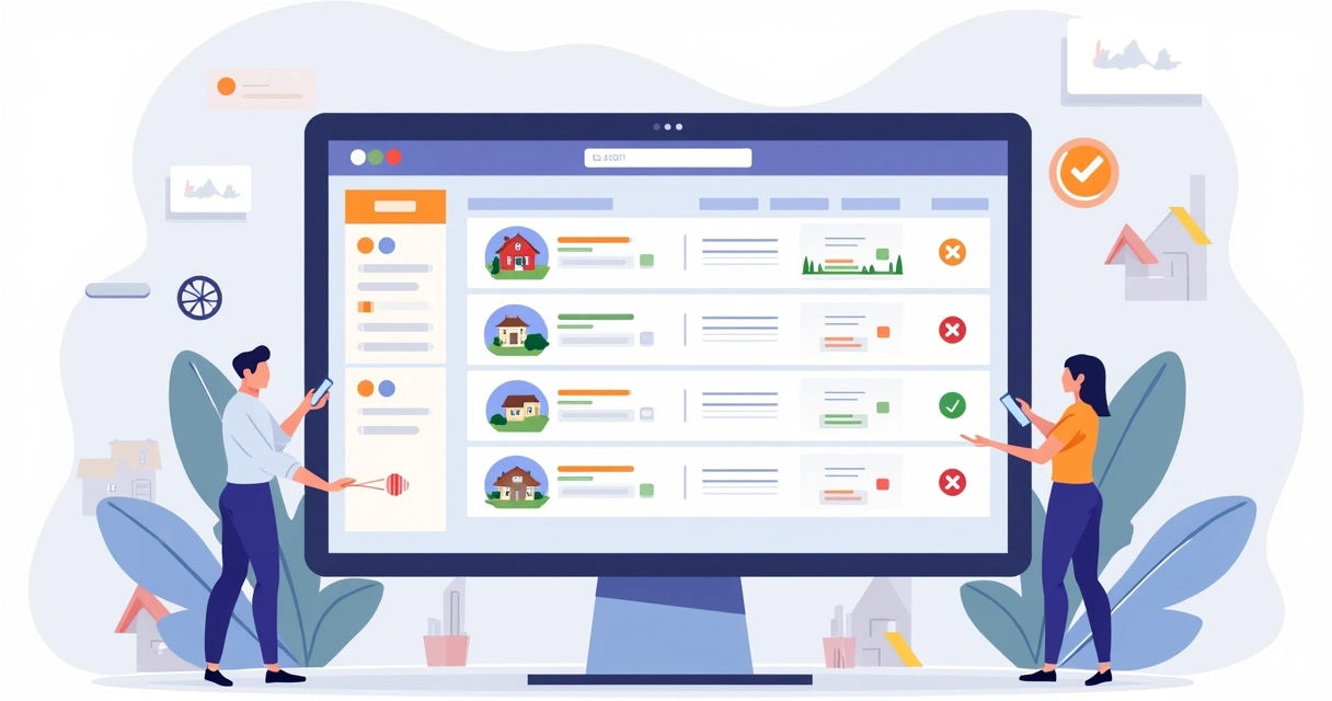 Tela digital organizando imóveis em análise, aguardando proposta e favoritos 
