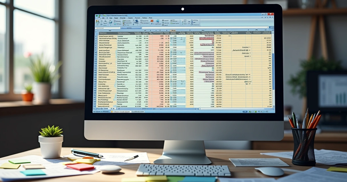 Tela de computador exibindo uma planilha colorida de imóveis, com cartões e listas de tarefas ao lado