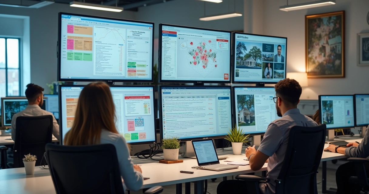 Tela de computador organizada mostrando listas de leads de imóveis e contatos da imobiliária 