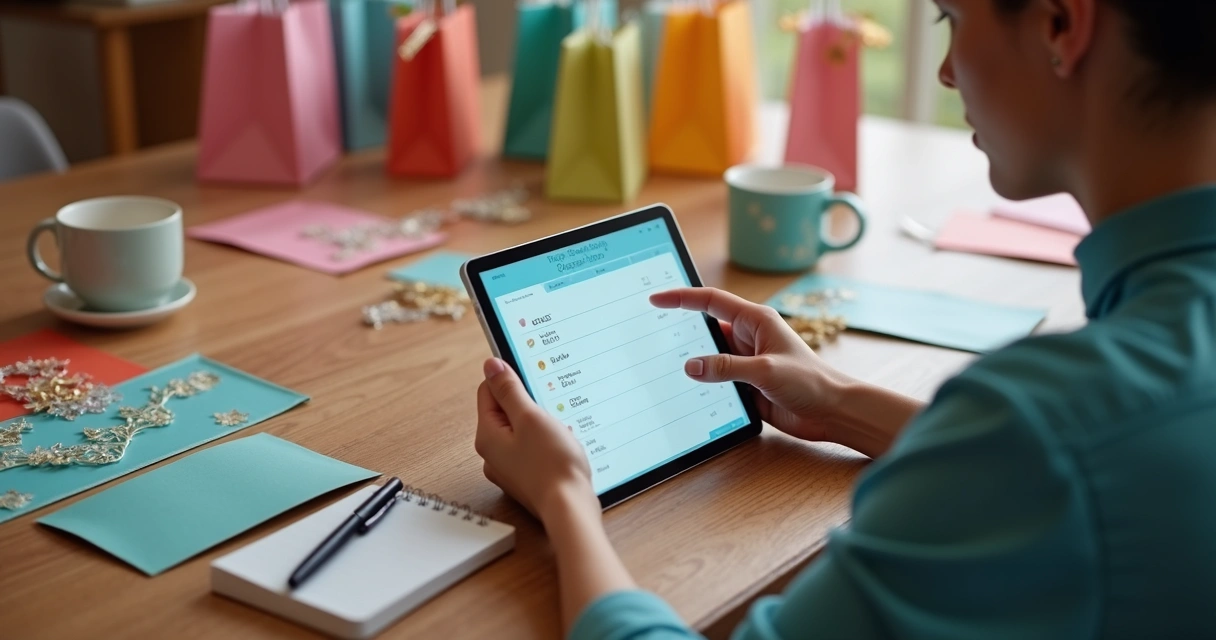 Pessoa analisando lista de convidados em tablet e notas ao lado de lembrancinhas de festa 