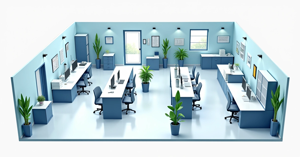 Layout interno de loja de assistência técnica com áreas de atendimento e bancada de conserto 