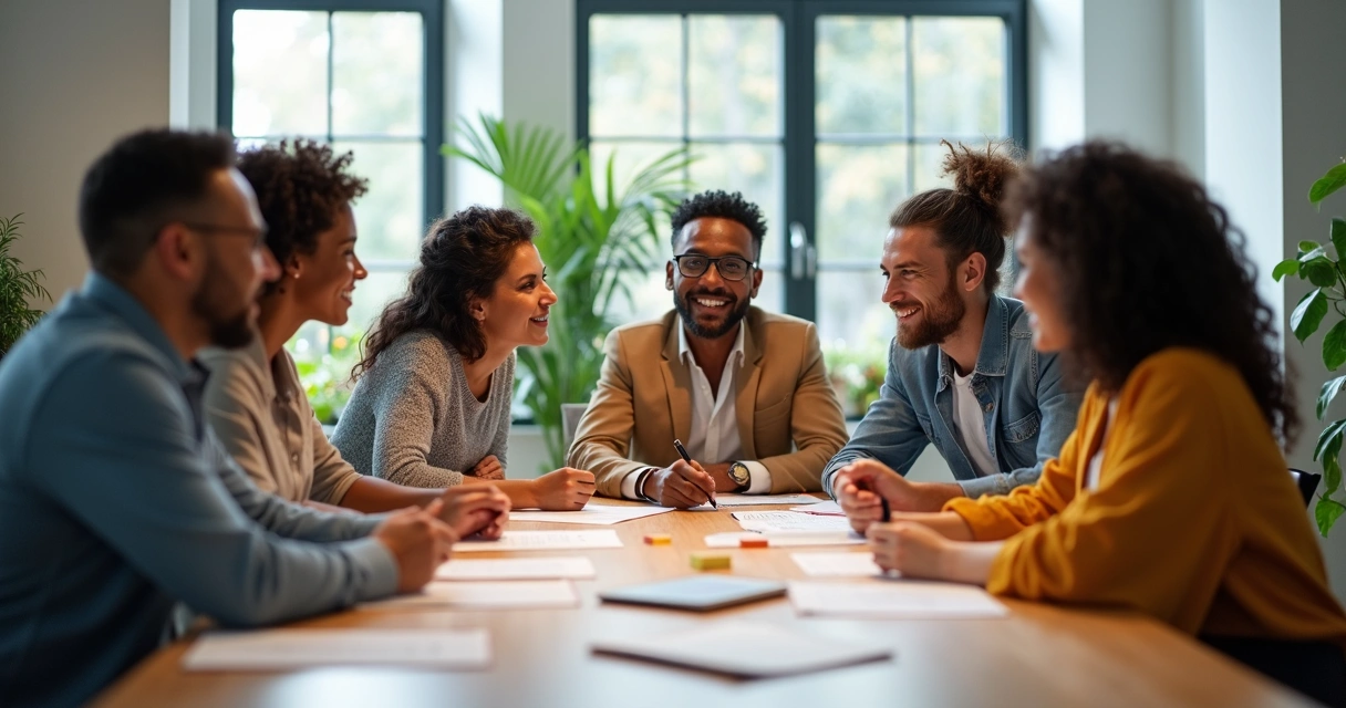 Equipe de trabalho diversa reunida ao redor de uma mesa, compartilhando ideias com expressões de respeito e atenção. 