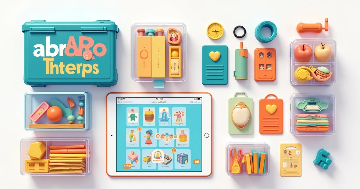 Materiais ABA organizados em caixas com etiquetas claras e lúdicas 