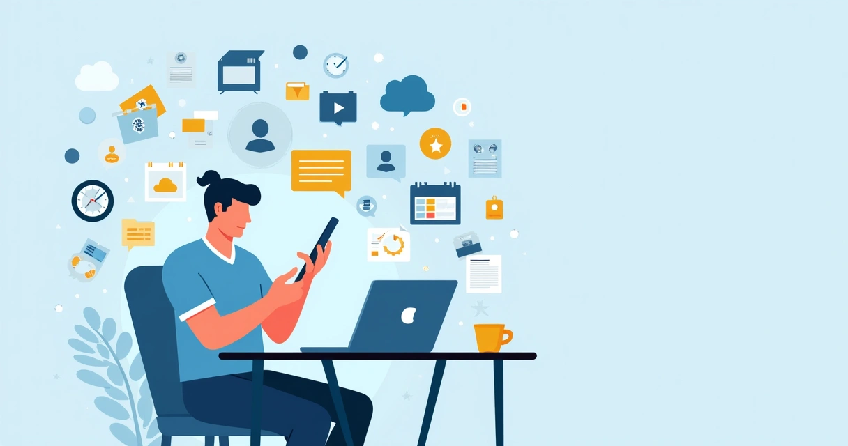 Pessoa usando smartphone para organizar memórias digitais com ícones de fotos, arquivos e nuvem ao redor 