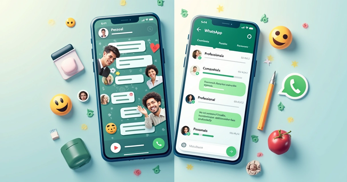 Conversa organizada do WhatsApp com separação de mensagens pessoais e profissionais 