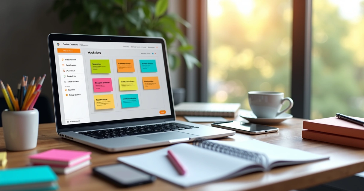Mesa de trabalho com laptop aberto mostrando plataforma de cursos online, cadernos, canetas, e notas coloridas organizando módulos de curso 