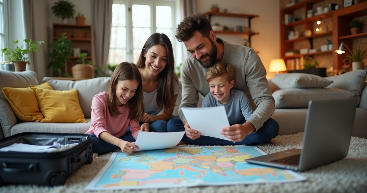 Família brasileira organizando mudança para Europa em casa com mala, mapas e computador 