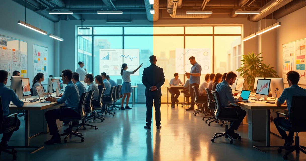 Líder observando contraste entre equipe presa na escassez e equipe colaborando com abundância 