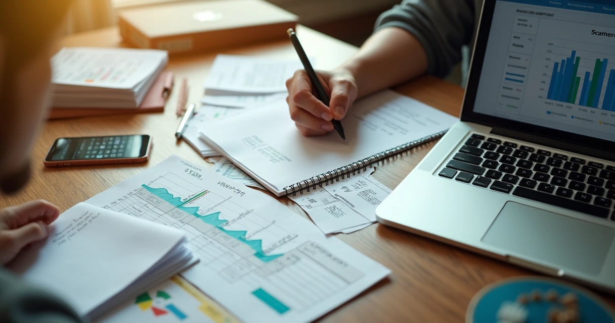 Pessoa organizando notas fiscais e relatórios financeiros se preparando para declaração anual 