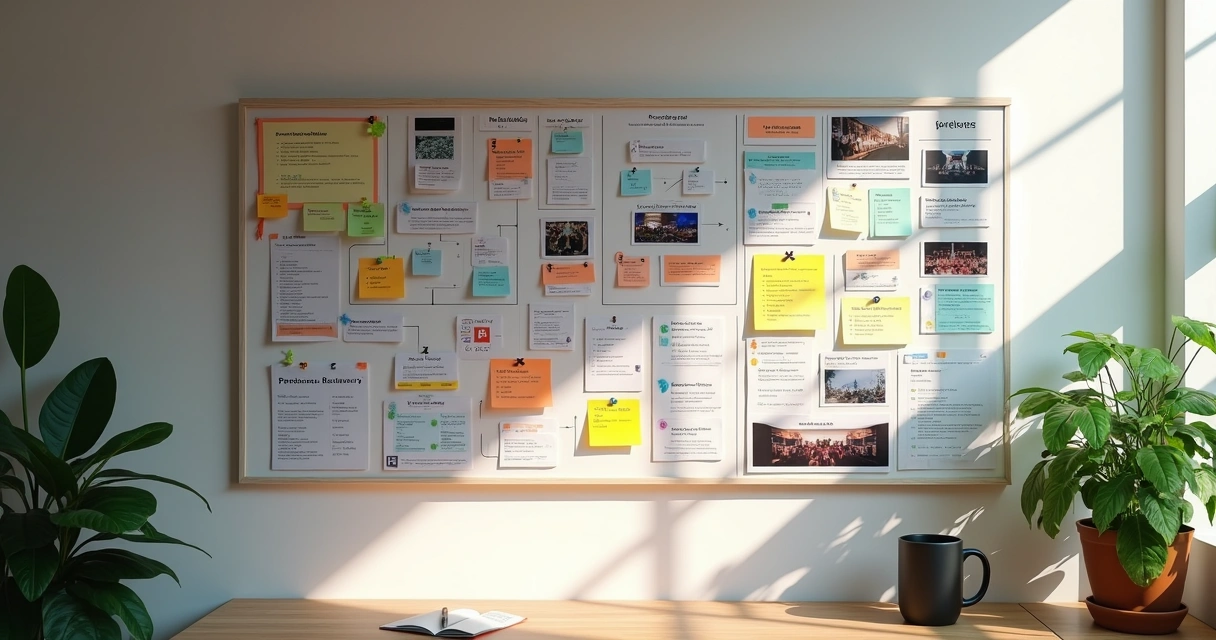 Painel visual com fluxos de trabalho e fotos de eventos organizados 