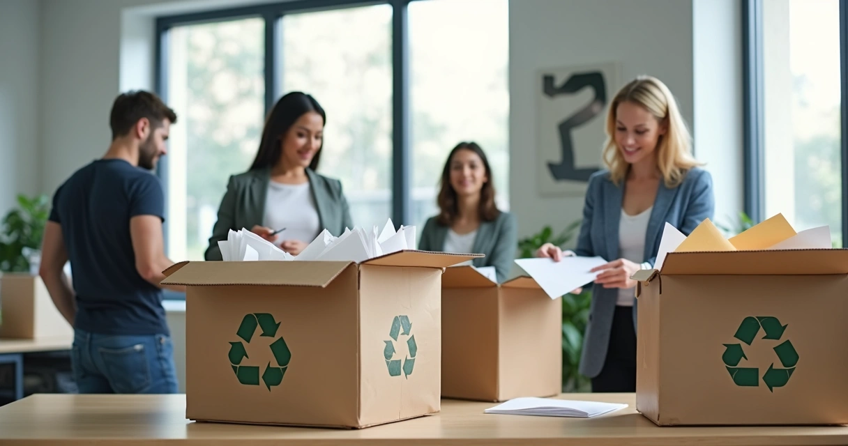 Funcionários de uma empresa separando papéis em caixas identificadas 