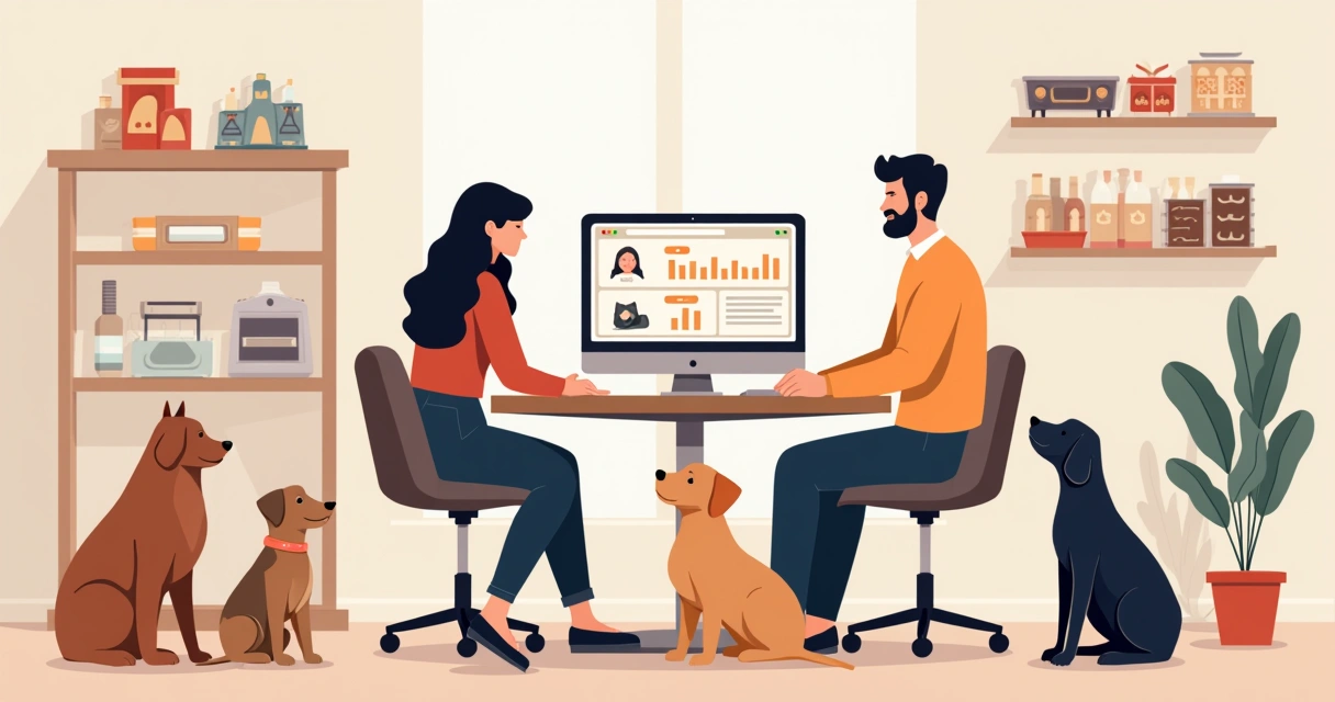 Equipe de pet shop usando sistema digital para organizar agendamentos e pagamentos 