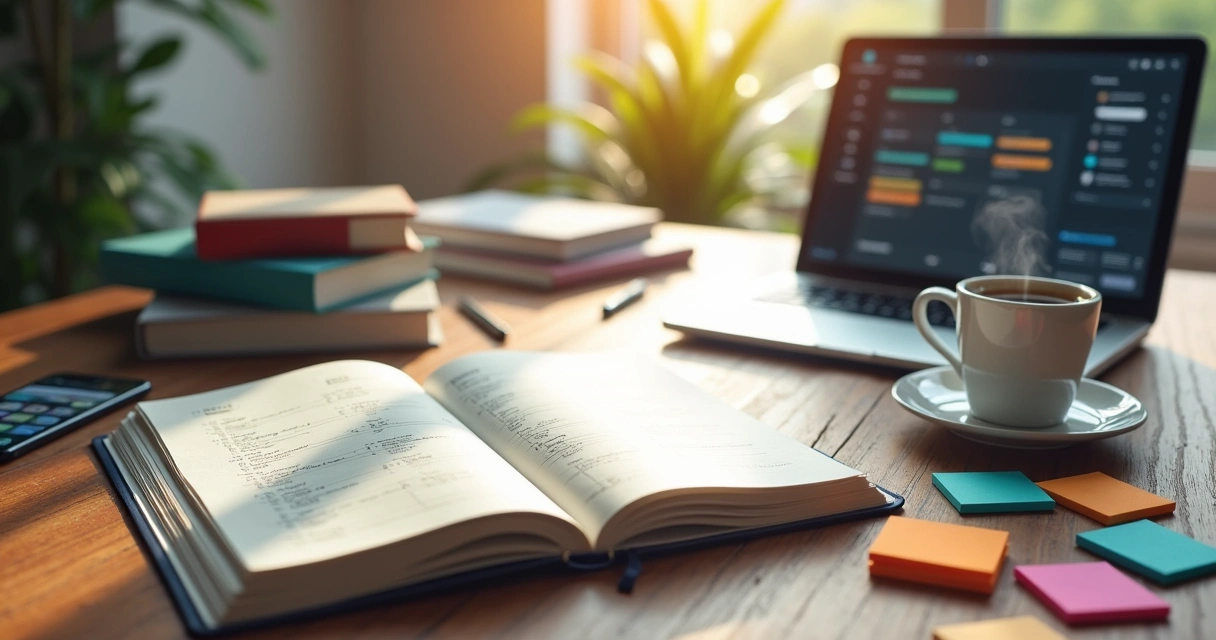 Mesa de trabalho com agenda, laptop, xícara de café e papéis organizados. 