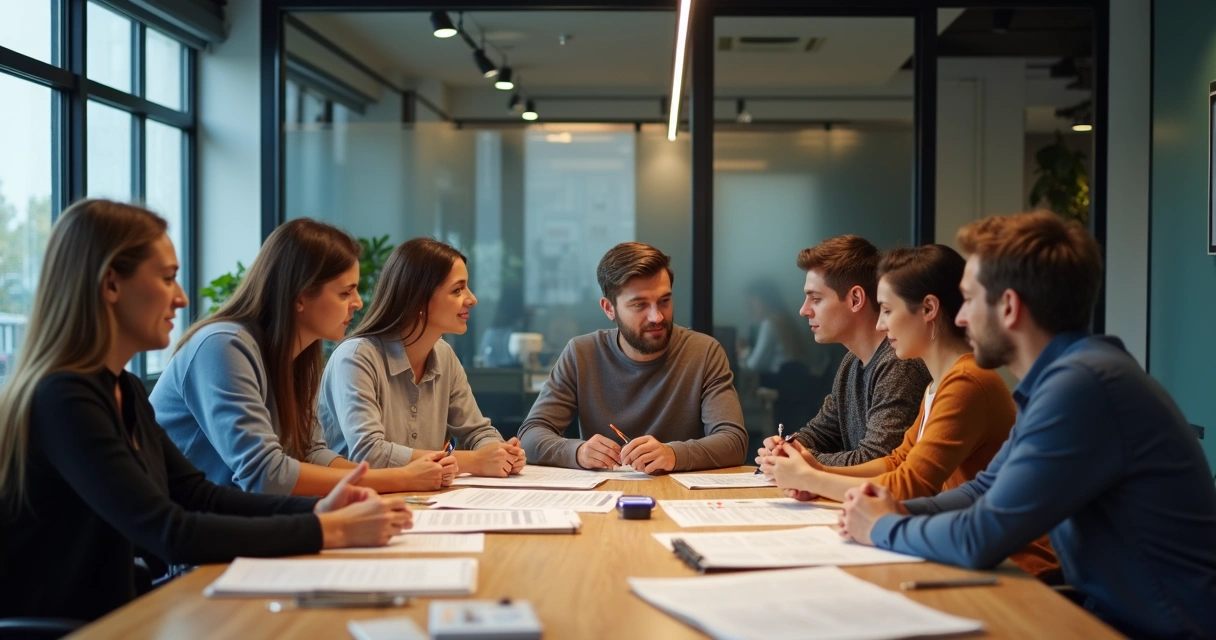 Grupo de pessoas sentados em mesa de reunião planejando projeto social 