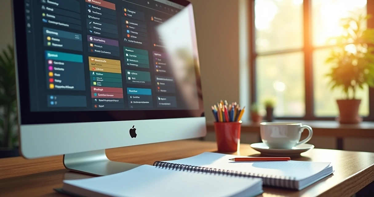 Ambiente de trabalho digital com portfólio organizado por pastas e documentos em tela