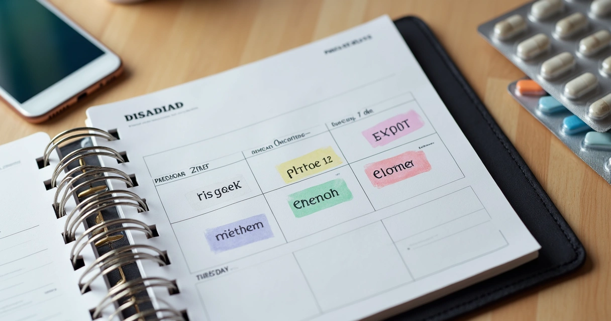 Anotações de lembrete de PrEP em calendário, ao lado de comprimidos