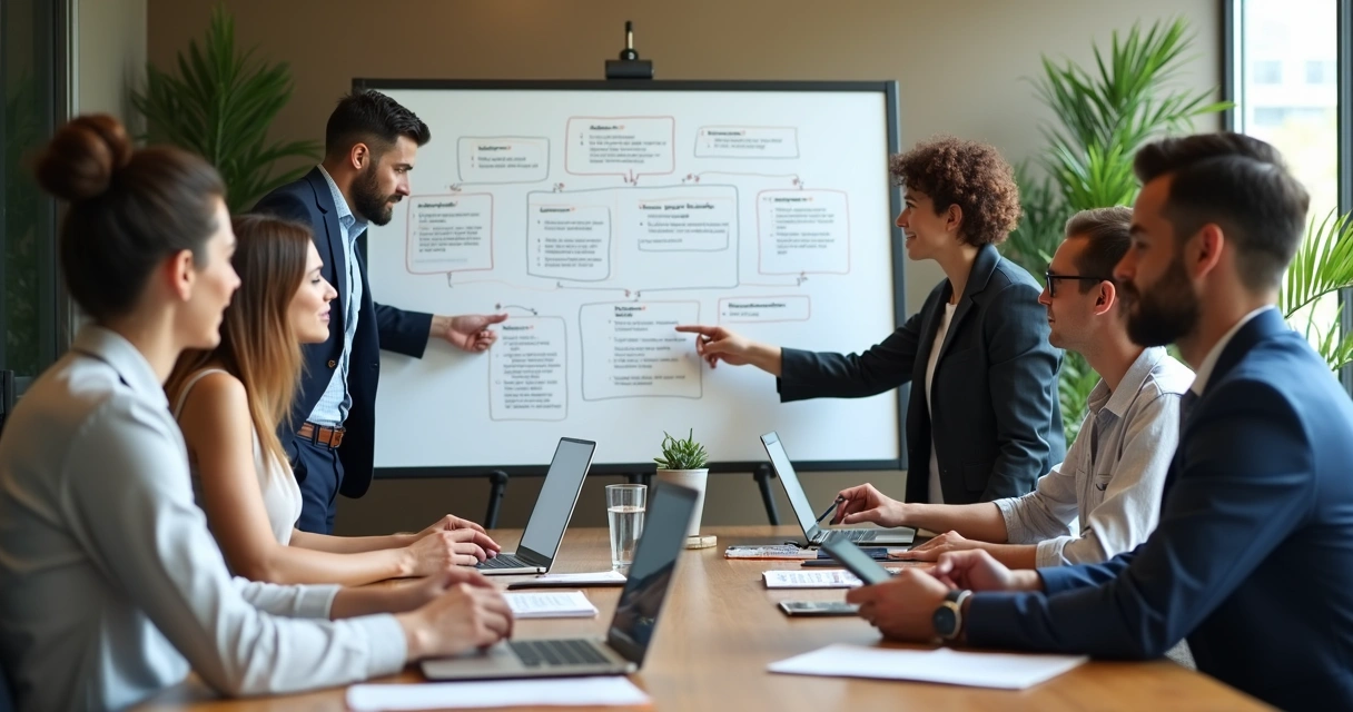 Equipe de vendas reunida ao redor de uma mesa, analisando um fluxo de vendas ilustrado em um quadro branco 