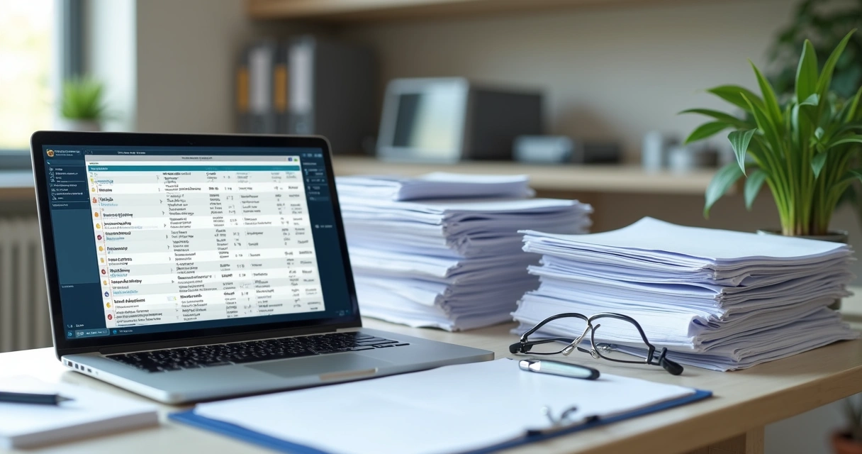Mesa de consultório organizada com fichas e computador 