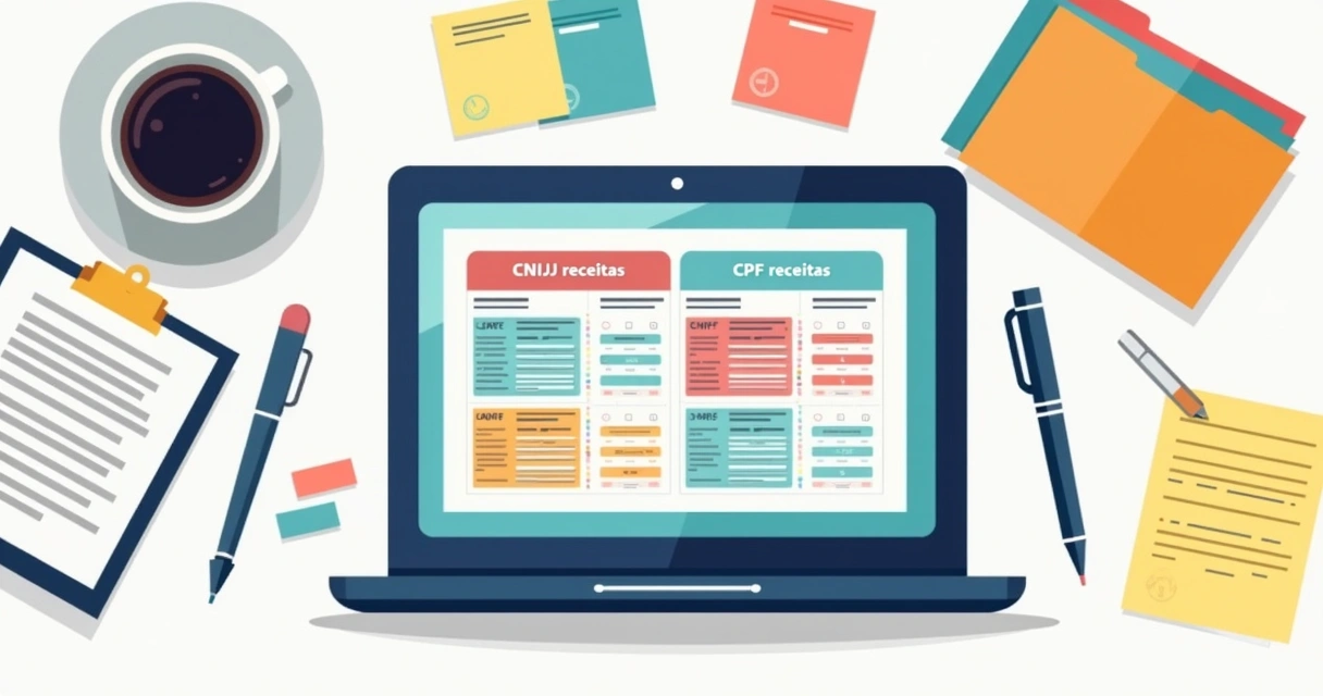 Planilha organizada de receitas do MEI e CPF na tela de notebook, caneta e blocos ao redor 