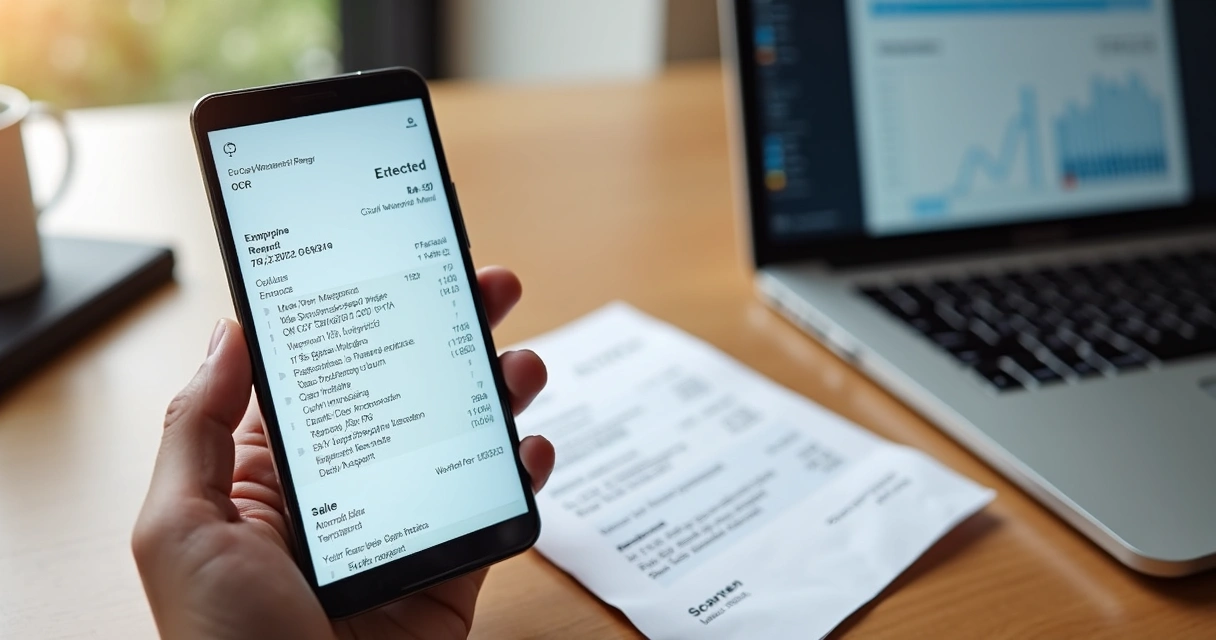 Mesa com smartphone escaneando recibo físico e tela do celular mostrando texto digitalizado por OCR 