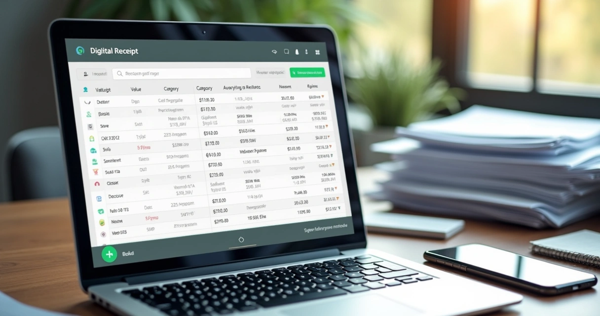 Recibos organizados digitalmente em tela de notebook ao lado de celular exibindo mensagens sobre despesas