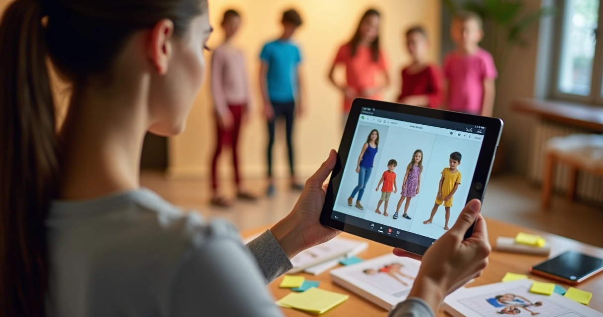 Fotógrafa usando tablet com referências de poses infantis, crianças ao fundo em ambiente de estúdio