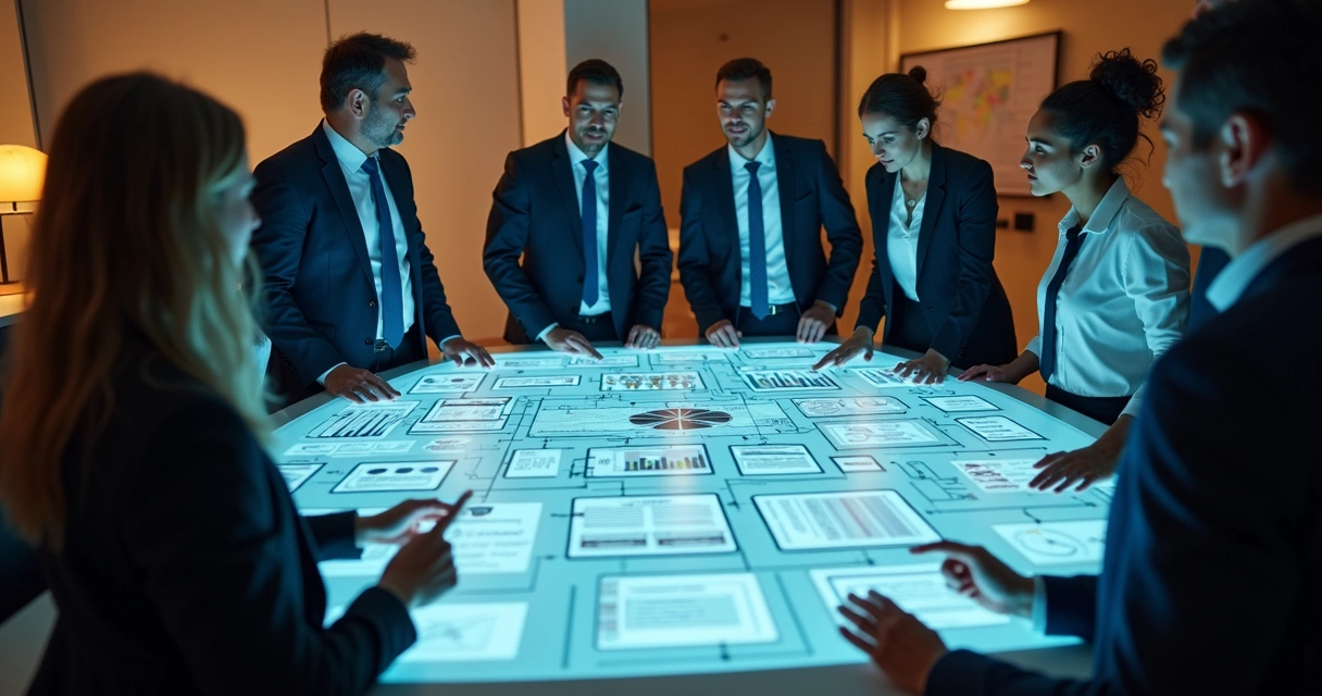 Equipe de trabalho em círculo, analisando gráficos organizacionais ao centro 