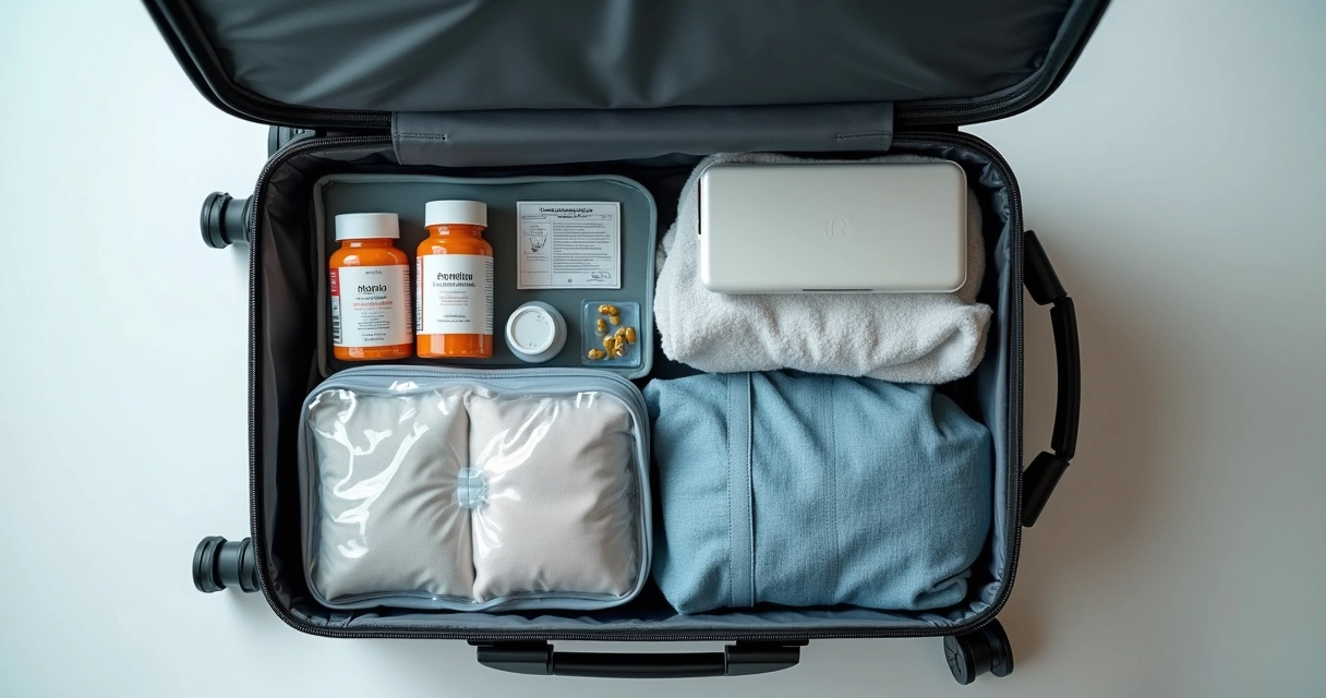 Medicamentos organizados em nécessaire de viagem 