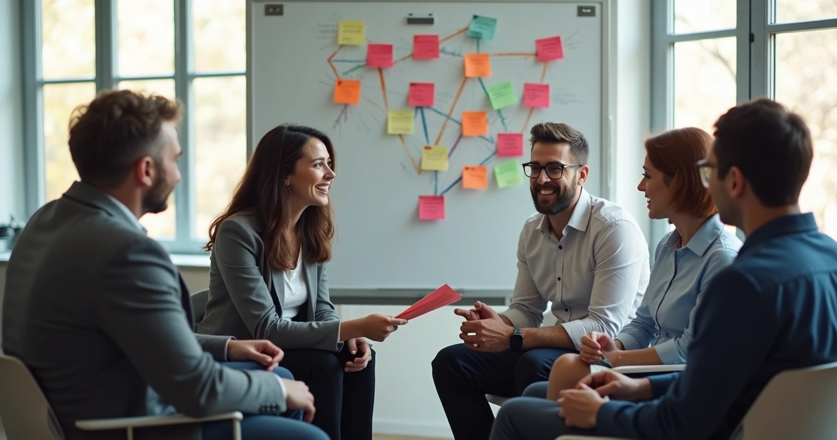 Equipe em círculo dialogando, ambiente de escritório com luz natural, quadro branco ao fundo 