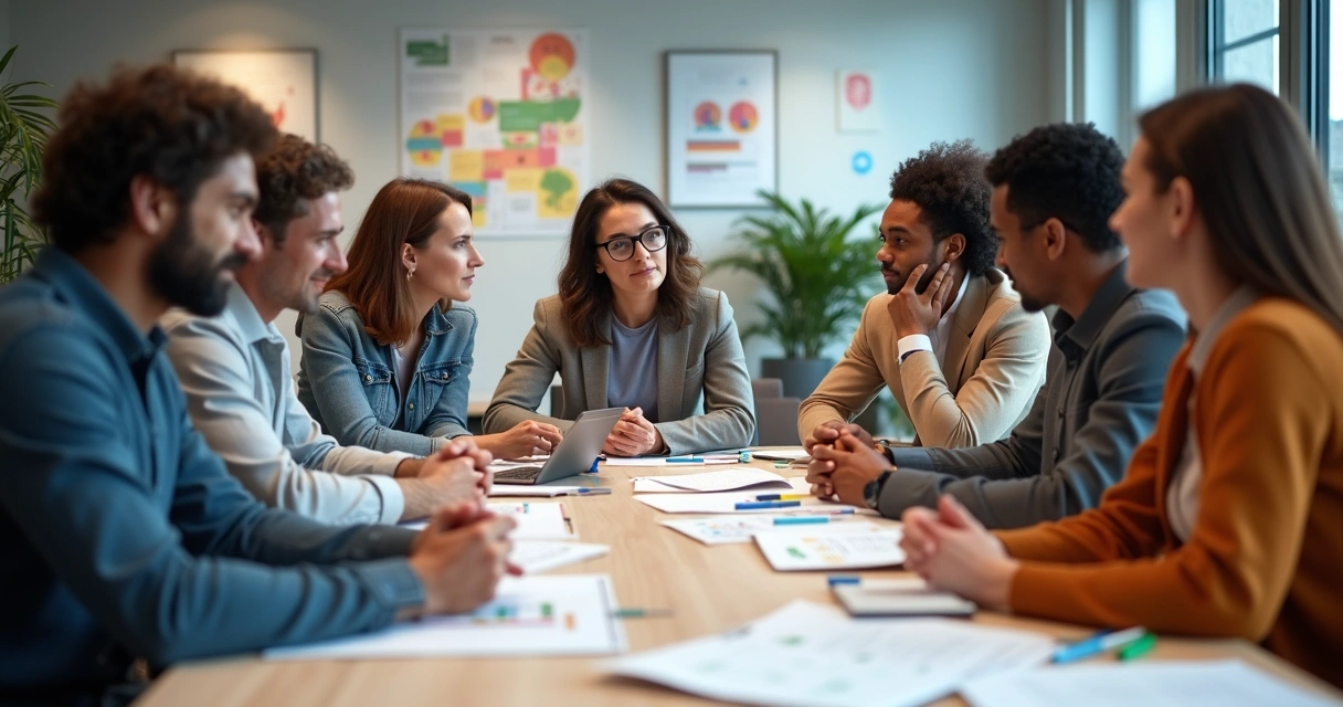 Equipe de trabalho em sala de reunião colaborando de maneira harmoniosa 