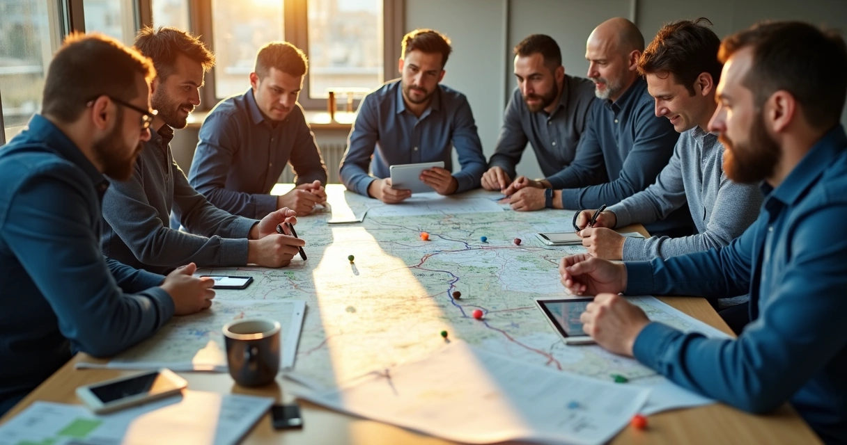 Equipe planejando roteiros de atendimento em sala com mapas e tablets 