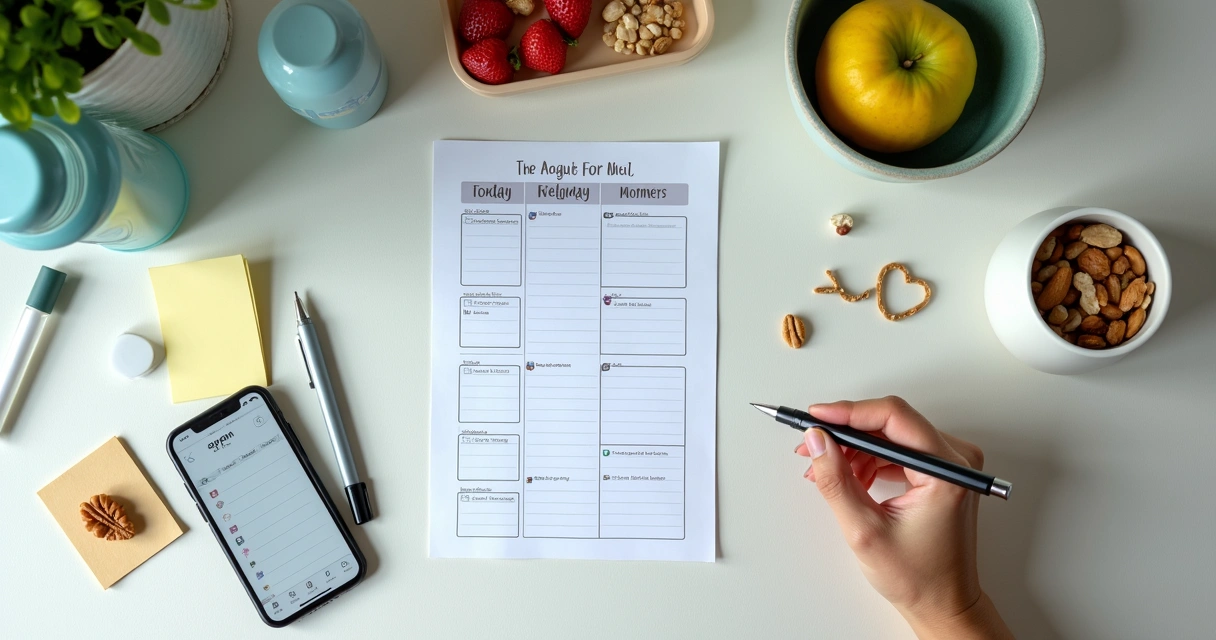 Mesa com planner alimentar, celular com lembretes e lanches simples