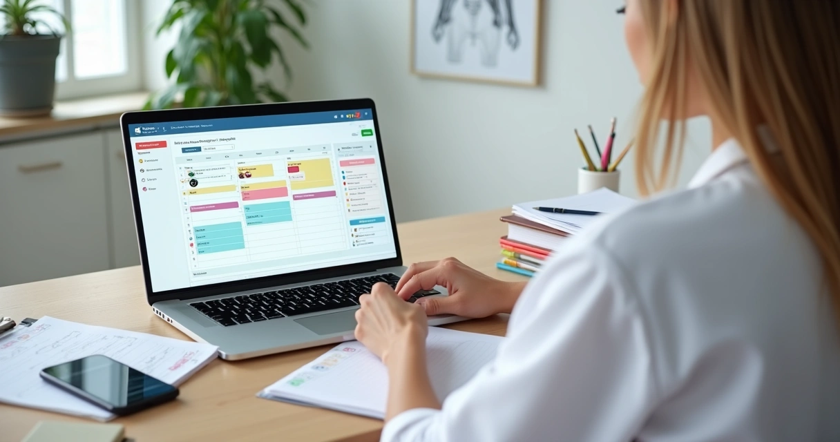 Nutricionista organizando rotina da clínica em mesa com computador agenda e prontuários 