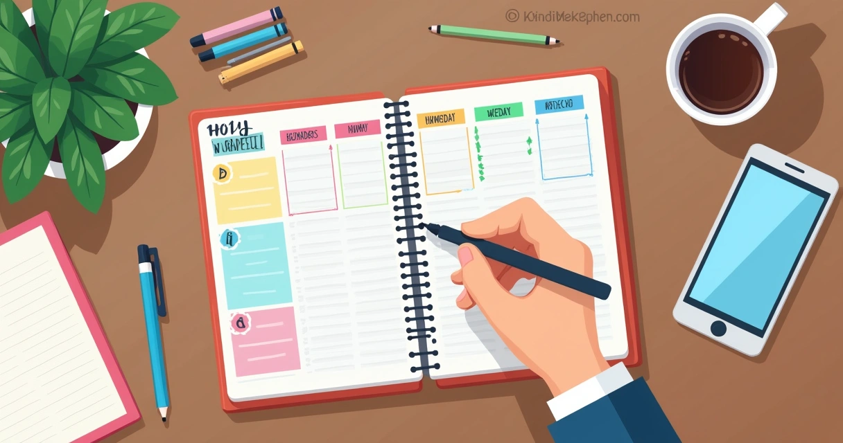 Planejamento semanal escrito em caderno com caneta e marcador de destaque