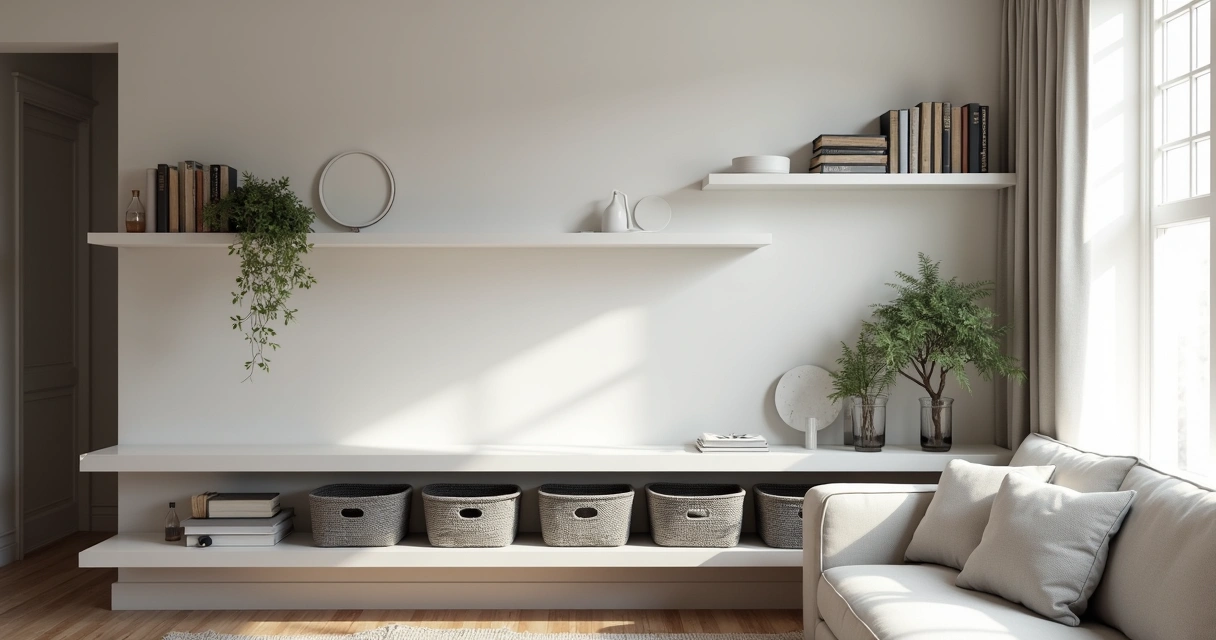 Sala pequena com prateleiras organizadas e cestos decorativos 