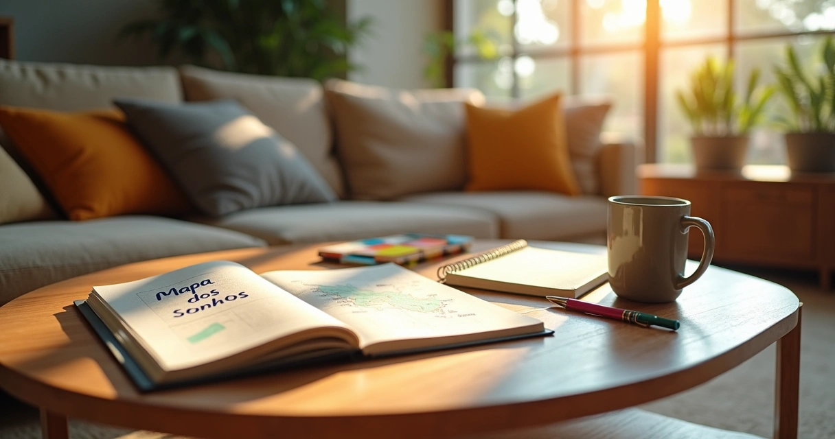 Mesa com mapa de sonhos e caderno de finanças lado a lado
