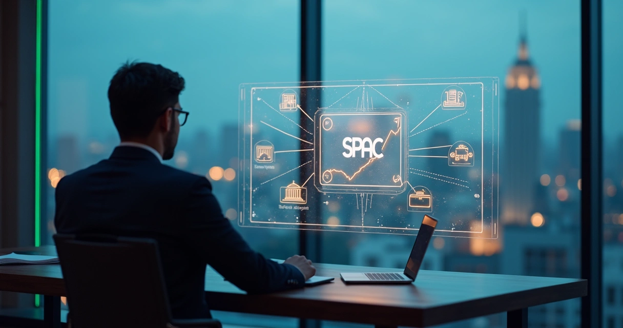Executivo analisa estrutura de SPAC diante de gráficos financeiros e ícones fiscais 