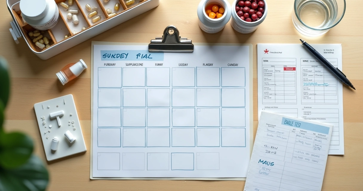 Suplementos organizados ao lado de calendário e exames 