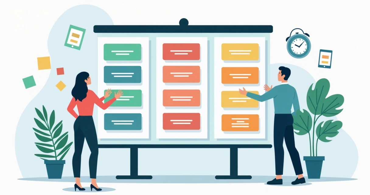 Duas pessoas organizando cartões coloridos em um quadro de tarefas 