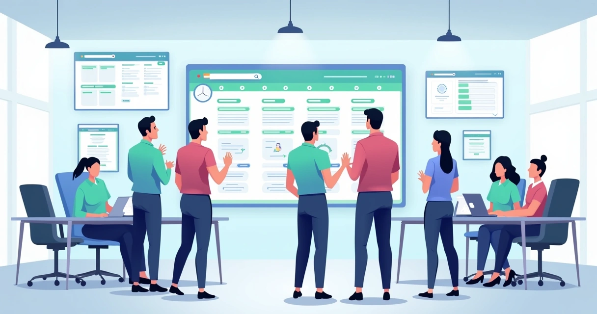 Equipe de tecnologia dividindo tarefas em um quadro digital interativo. 